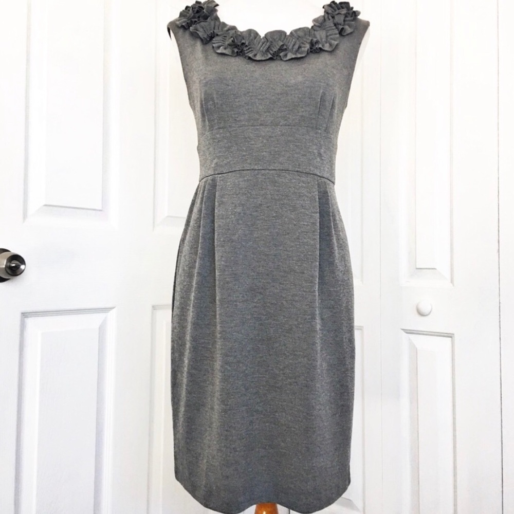 EUC London Times Gray Ruffle Sheath Dress, Size 12